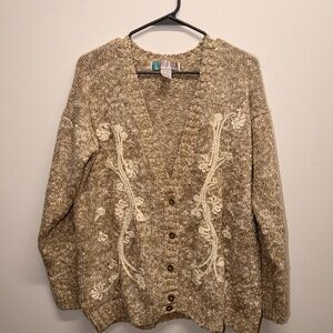 Women's Brown Knit Sweater with Cream Embroidery